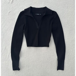 Cuts Clothing Long Sleeve Shirt Women's Size Medium Black V-Neck Crop Sweater